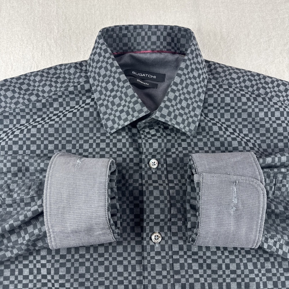 Bugatchi Shaped Fit Shirt Men S Black Gray Check Long Sleeve Button Up Flip Cuff